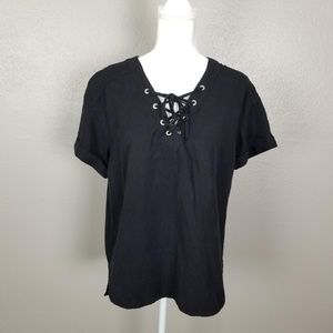 Matty M Black Laced Front Short Sleeve Top Size S